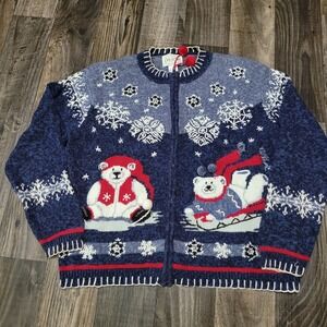 Vintage Christmas Womens Size Large Blue Holiday Carly St Claire Full Zip